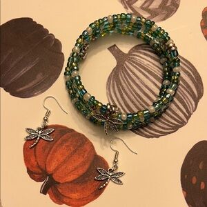 Hand Crafted Green and Blue Beaded Bracelet and Dragonfly Earrings Set